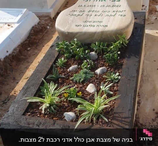 מצבות עם כיתוב בעברית ואנגלית, צמחים ואבנים קטנות.